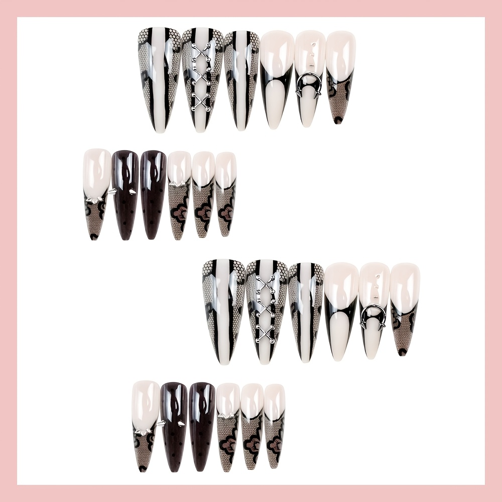 TEMU 24pcs Ongles Faux Ultra-Longs en Noirs Dégradés Dentelle Rivet Métal Bague Portable Nail Art Y2K Cool Long Fait Main Autocollants Auto-Adhésifs