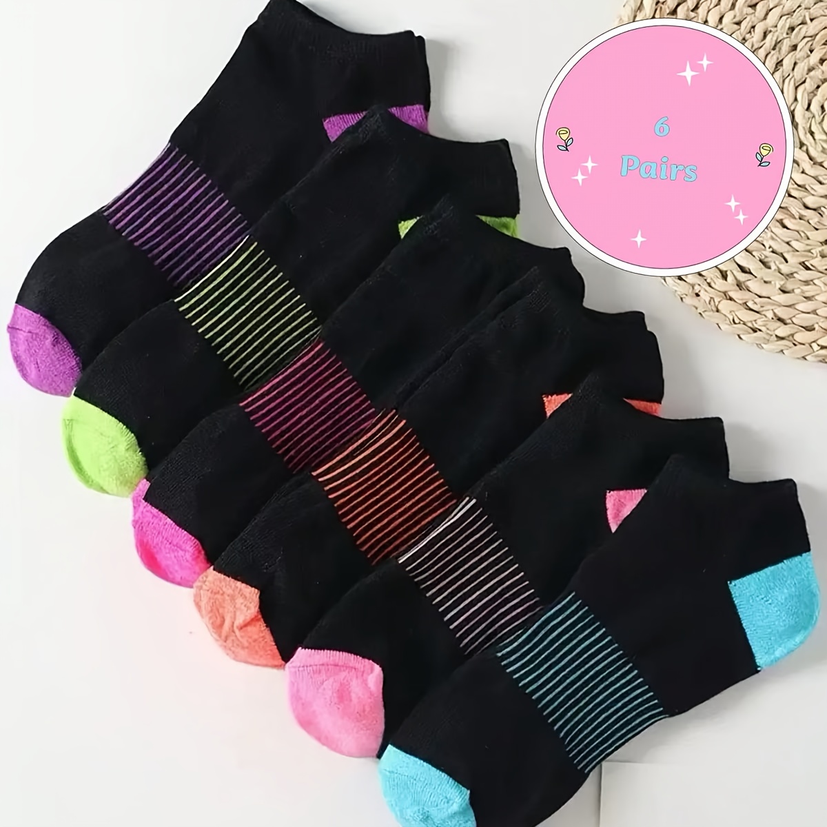 TEMU 12pcs/6 Pairs, Black Minimalist Waist-restraining Creative Versatile Ankle Socks