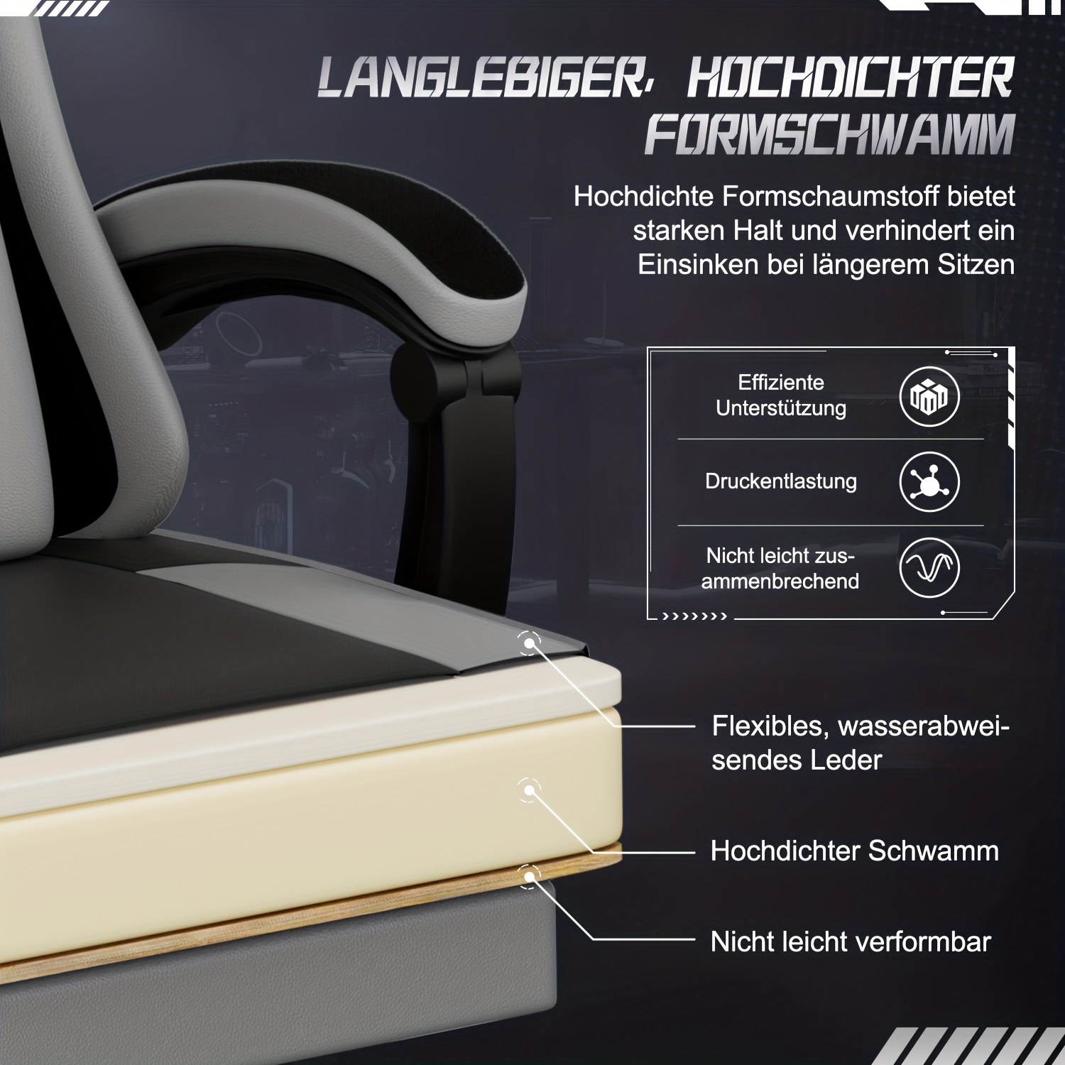 Gronfont Gaming Chair with Footrest, Rocking Function Up to 155°, Ergonomic Gaming Chair with Adjustable Lumbar Cushion, Headrest, Height-Adjustable And Swivel, 360° Gaming Chair, Gaming Chair 150kg, Black, Gray, White, Perfect Christmas Gift