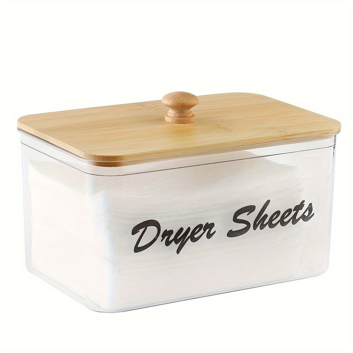 Image of Transparent Container For Dryer Sheets With A Lid, Designed For Organizing And Storing In Room, Featuring A Dispenser For Detergent Pods And A Label For Dryer Sheets