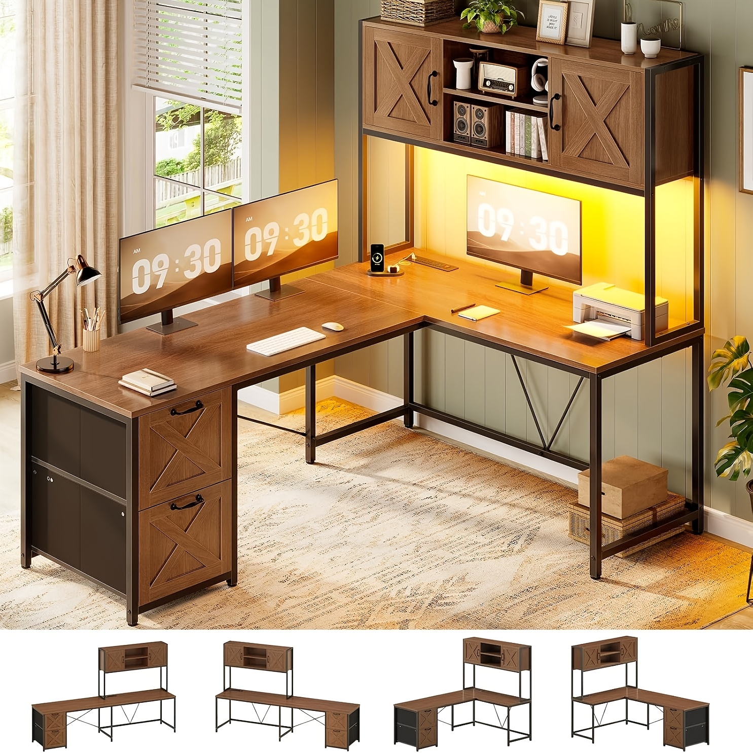 TEMU L Shaped Desk With Drawers, 62.2" Home Office Desk With Fabric File Drawers & Power Outlet, L Shaped Desk With Hutch, Open Shelves, Led Lights,