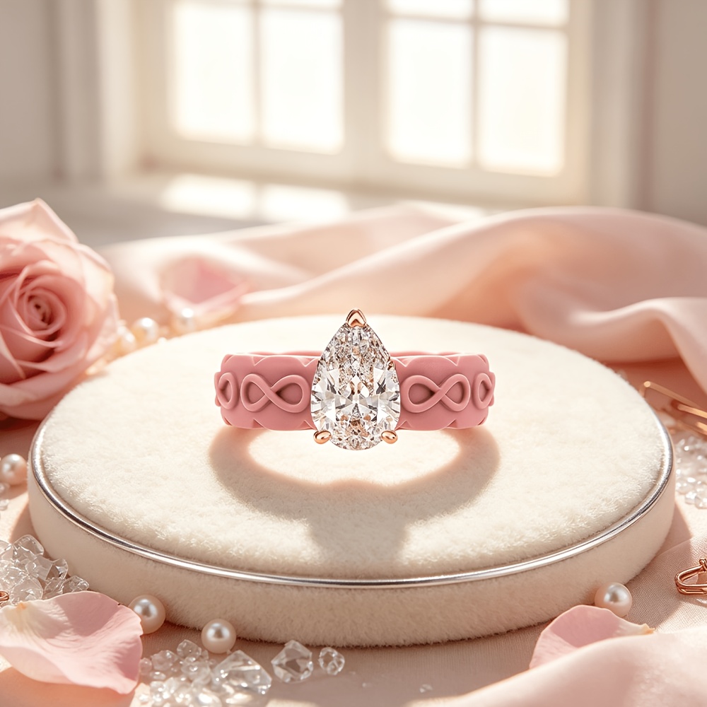 Pink Teardrop-Shaped Zirconia Silicone Ring, Anniversary Gift