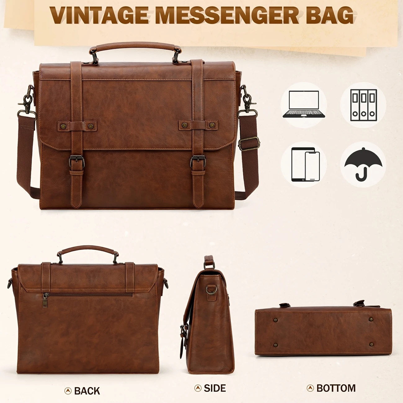 mens messenger bag 17 inch vintage pu leather laptop briefcase large laptop bag satchel bag computer shoulder bag for office business travel college brown details 5