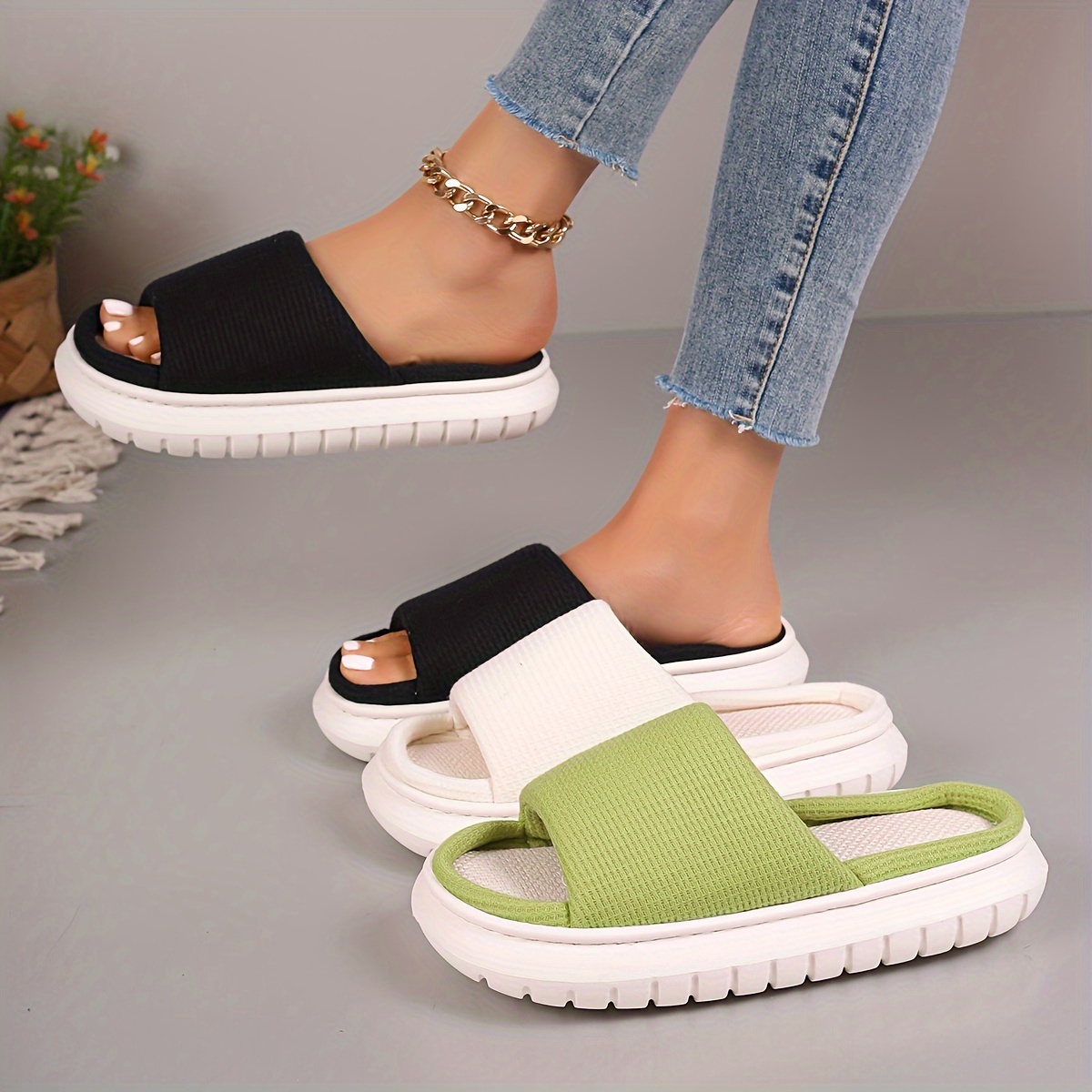 

Breathable Platform Linen Slippers, Ultra Soft Open Toe Soft Sole Indoor Shoes, Comfortable Home Floor Slippers