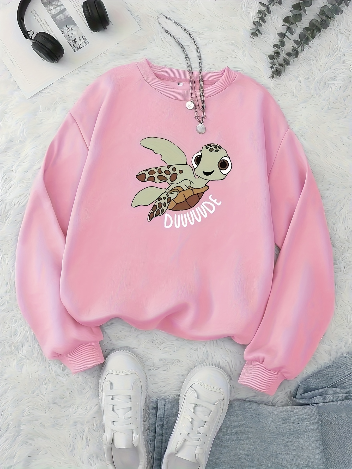 Women'S Casual Crew Neck Sweatshirt with Cute Turtle &*;DUUUUUUU&*;  Print, Soft Pink Pullover with Headphones Sneakers *t Fit