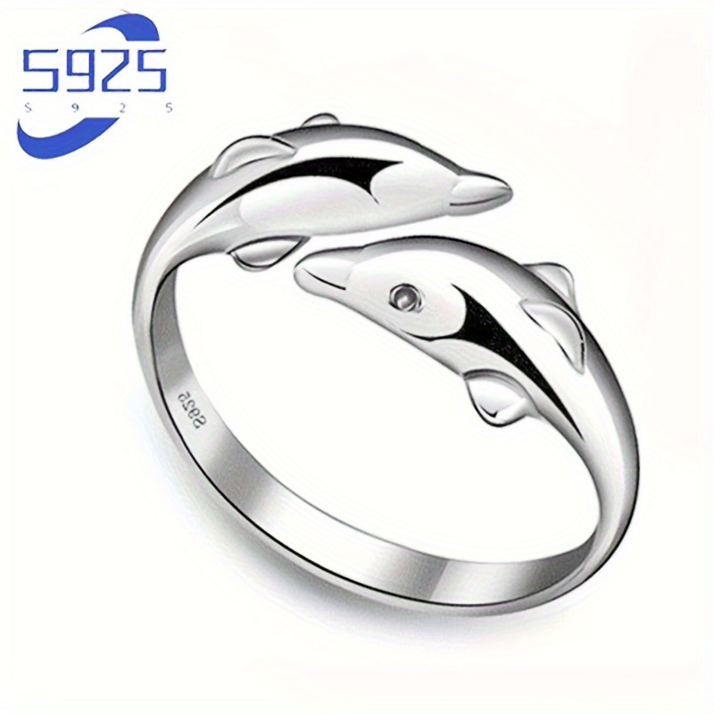 

Sterling Silver S925 Adjustable Dolphin Ring, Double Dolphin Design, Fashionable Bohemian Style, Elegant Unisex Open Band, Chic And Simple Aesthetic, Lightweight 3g Jewelry Gift