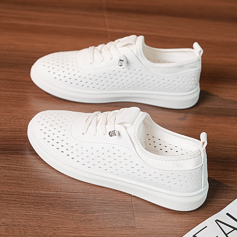 Image of Women's Casual Perforated Hollow White Sneakers, Flat Women's Skateboard Shoes, Versatile Fashion Athletic Casual Women Shoes