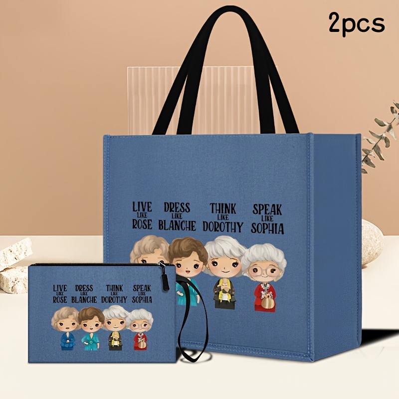 

2pcs Elegant Fabric Tote Bags With Fixed Shoulder Strap, Printed Design, Portable Travel Beach Bag With Makeup Pouch, Washable Lined Shopping Bag Set