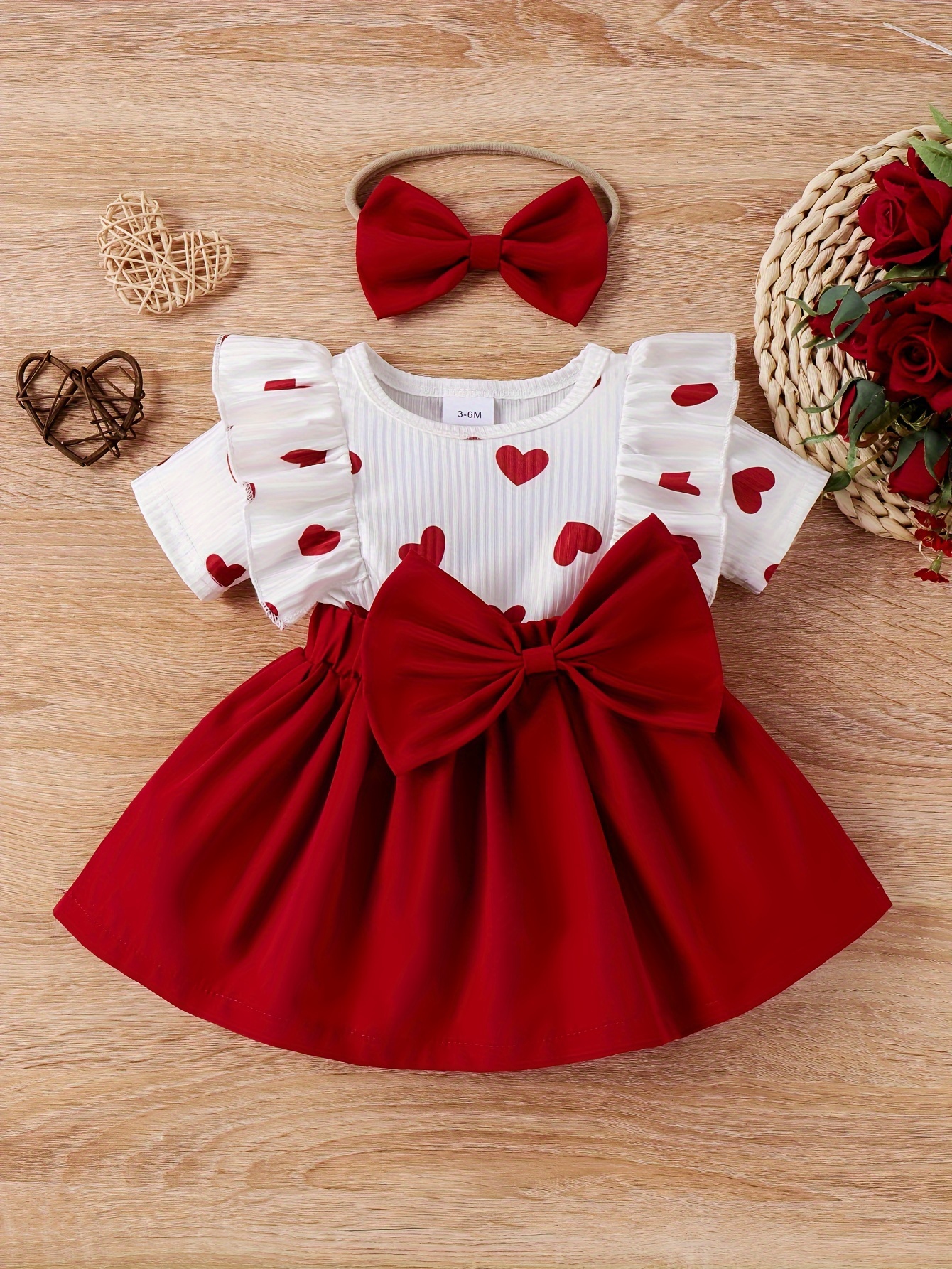 Baby's Cute Bowknot Decor Heart Pattern Dress Ruffle Decor Ribbed Short Sleeve Dress Infant & Toddler Girl's Clothing For Summer