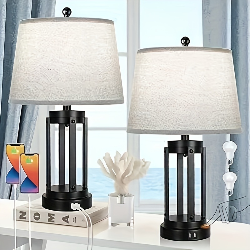 

Table Lamps Set Of 2 With Usb Ports, 3-way Dimmable Farmhouse Touch Lamps, Bedside Lamp For Bedroom With Ac Outlet, Modern Black Nightstand Lamps Desk Lamp For Living Room Reading, Bulbs Included