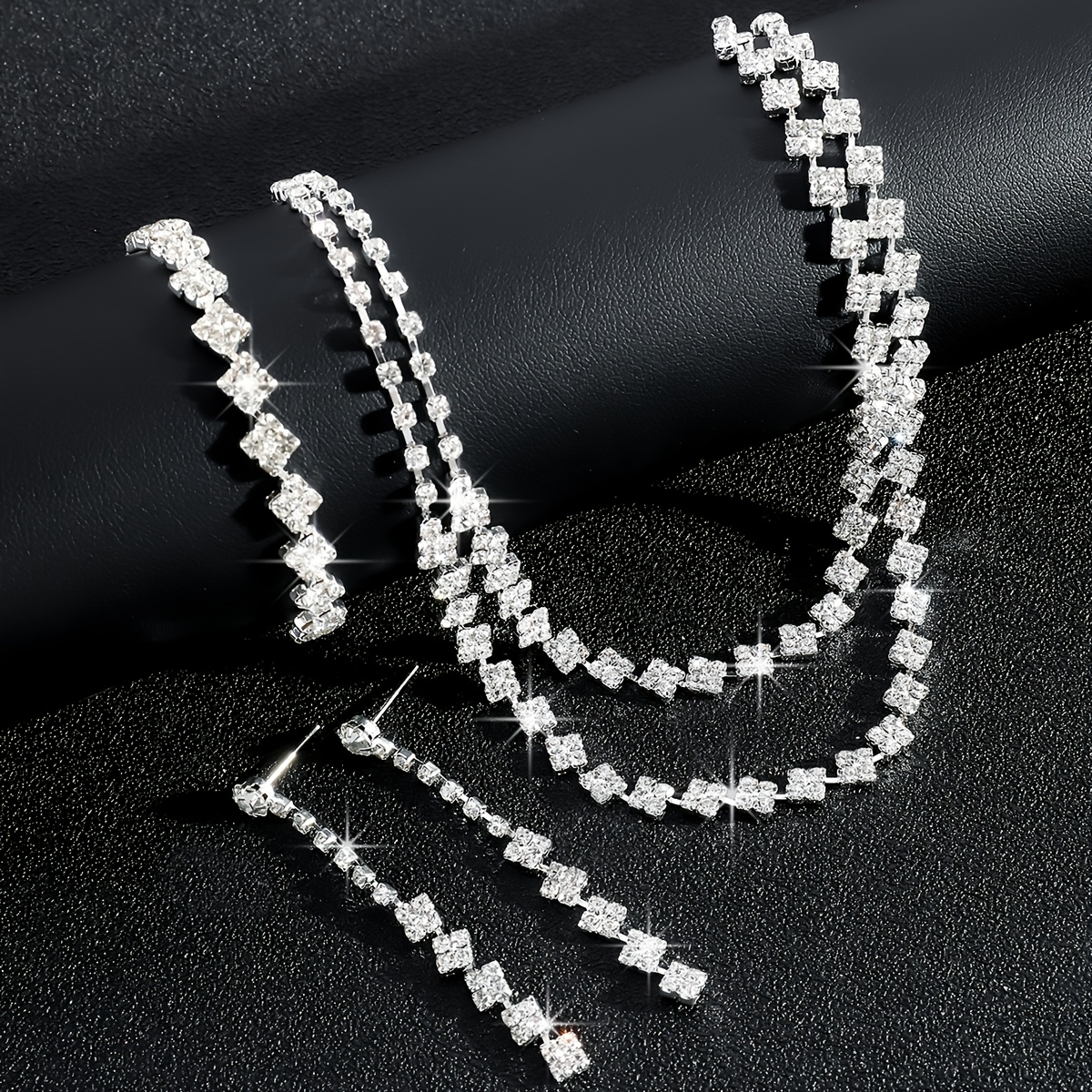 Sparkling Rhinestone Double Layer Necklace and Earrings Set for Bride