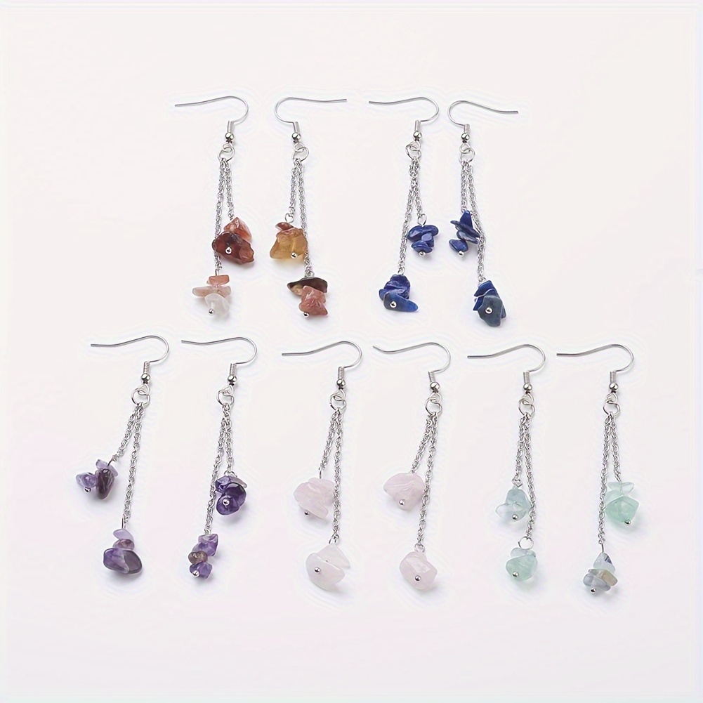

10pcs Natural Gemstone Chip Dangle Earrings, Variety Pack, Assorted Colors, Silvery Hooks, Elegant Jewelry For Women