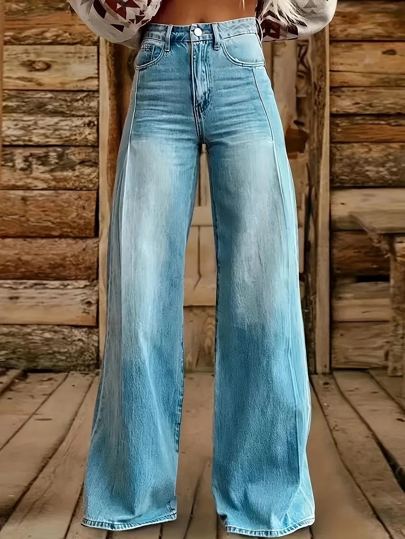 Women'S Plus Size Light Blue Flare Jeans Boho Style Wide Leg Bell Bottom  Denim Pants with Medium Stretch Solid for Casual or Chic Outfit