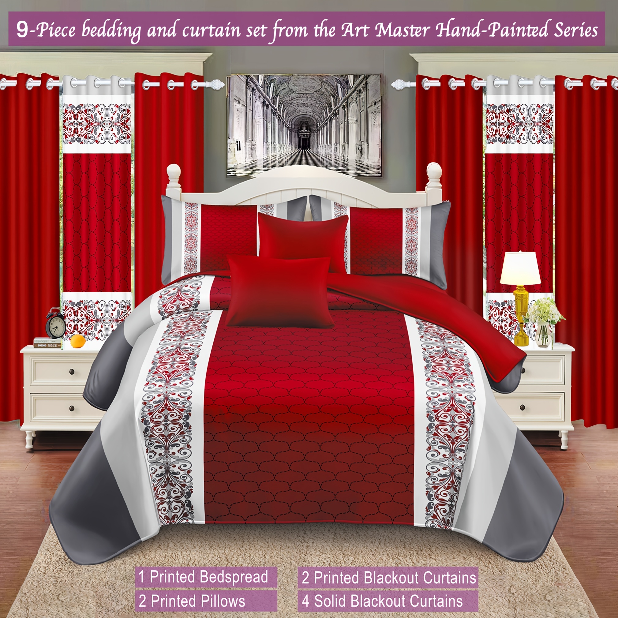 TEMU Collection de literie 9 pièces, comprenant 1 housse de lit, 2 taies d'oreiller, 4 draps simples, 2 draps à , taille KING, convient à toutes ,