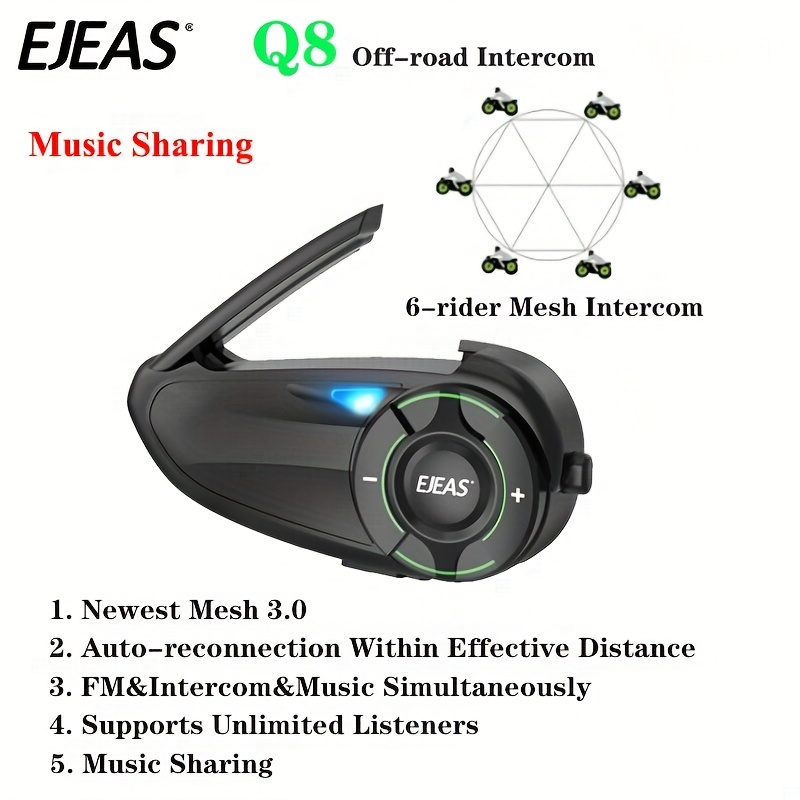 ejeas q8 mesh group intercom 6 riders motorcycle helmet headset type c charging interface wireless 5 1 music sharing helmet interphones