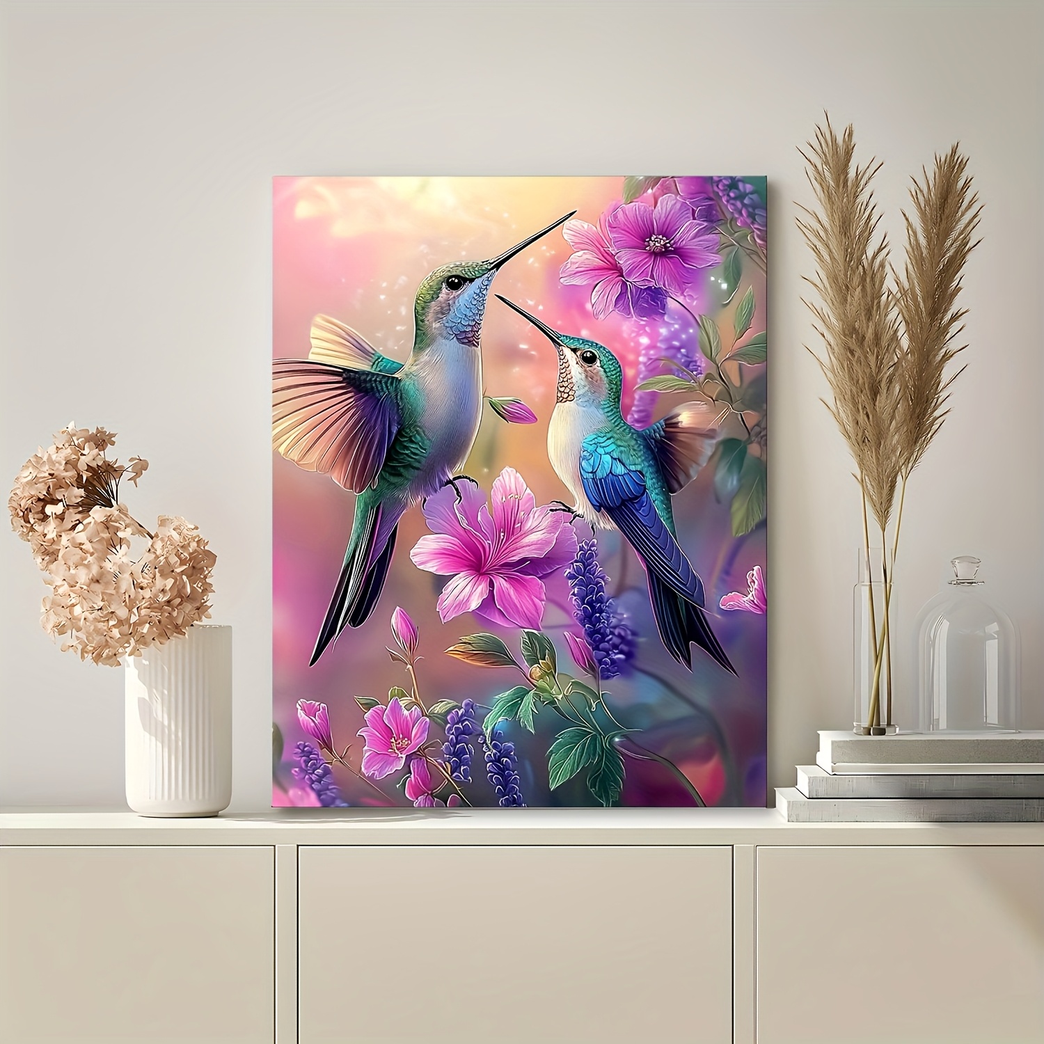 TEMU 2d Flat, 2d Flat, A Vibrant Hummingbird Canvas Wall Art Print, Featuring Floral And Bird Designs, Wooden Frame For Home And Office Decor, An