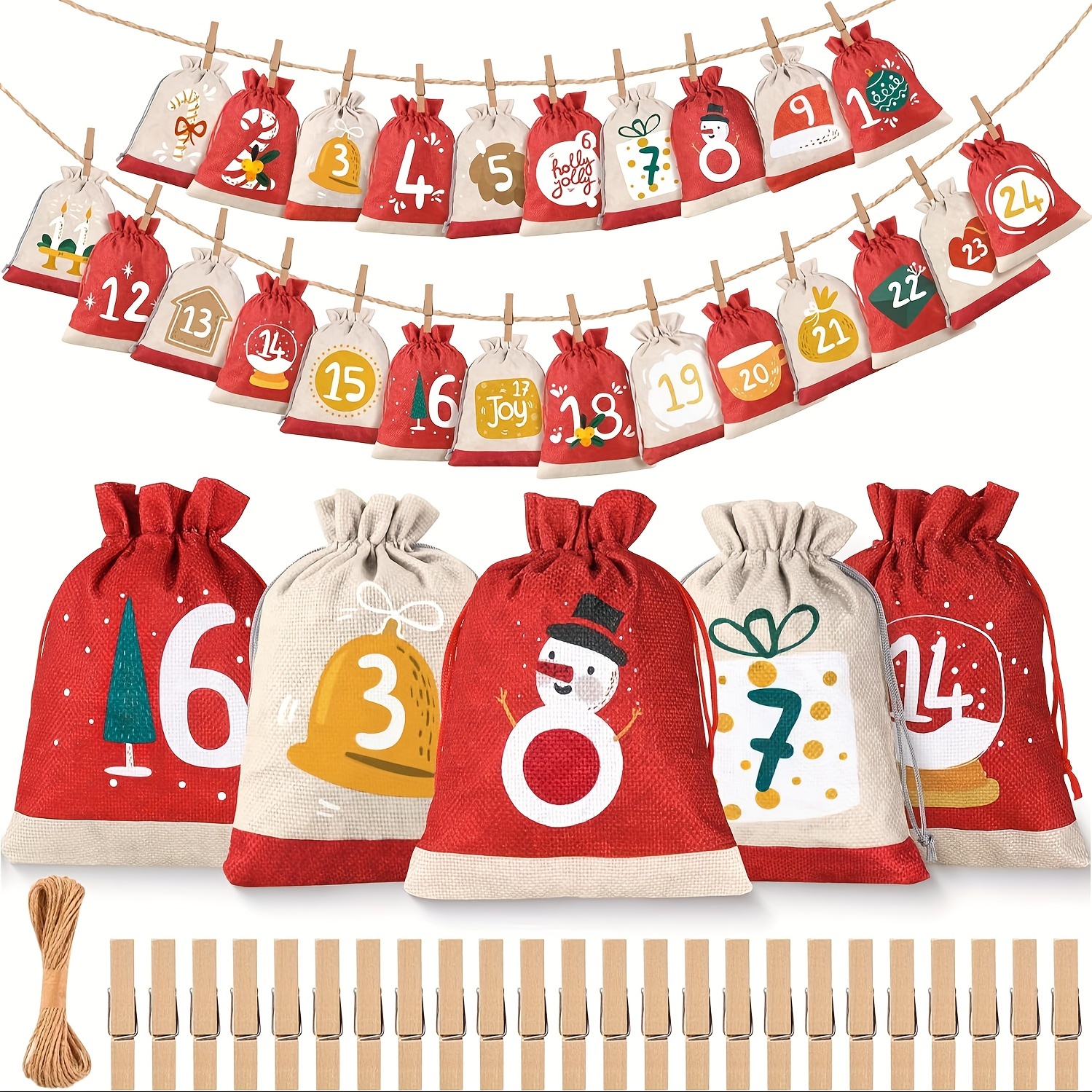 

24pcs Burlap Bundle Christmas 1-24 Wooden Hanging Tag Set