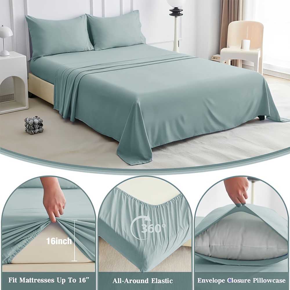 4pcs Mothers Day Gift Solid Color Bedding Set - Ultra-Soft & Wrinkle-Free Sheets, Including 2 Pillowcases, 1 Flat Sheet, And 1 Fitted Sheet with 16-Inch Deep Pocket, Premium Luxury Comfort for Bedroom, Guest Room, Or Hotel, Perfect for All Seasons
