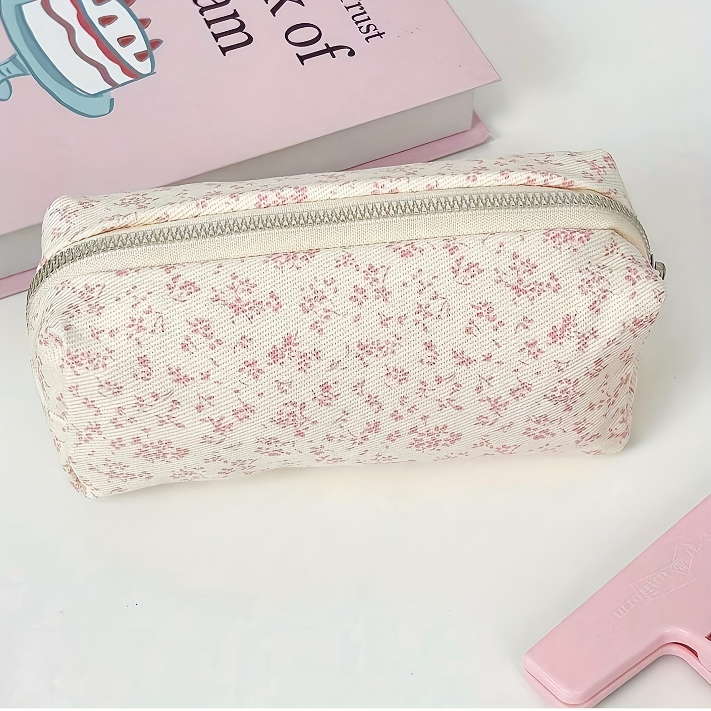 Image of 1pc Small Fresh Violet Floral Print Pencil Case, Chic Student Desktop Stationery Organizer, Natural Linen-look Makeup Bag, Back To School
