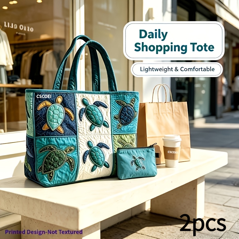 TEMU Cscoei -printed Design-not Textured 1/ 2/3pcs Large Capacity Tote Bag For Women With Sea Turtle , Machine Washable & Lightweight, Includes