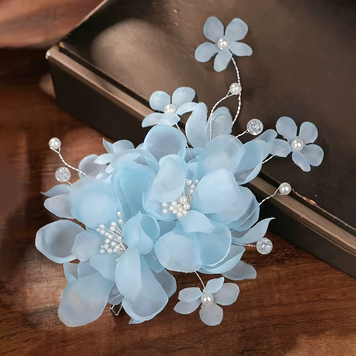 TEMU 1pc Handmade Light Blue Chiffon Floral Hair Clip Ceremony Atmosphere Updo Side Clip Bride Dress Banquet Date Styling Headwear