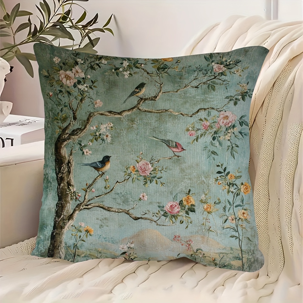 1 double sided vintage chinese floral and bird print pillowcase 18x18 inches soft plush polyester   design with roses on branches and birds suitable for sofa couch bedroom or car decorative cushion cover 2pcs 18 18 inch Product details 1