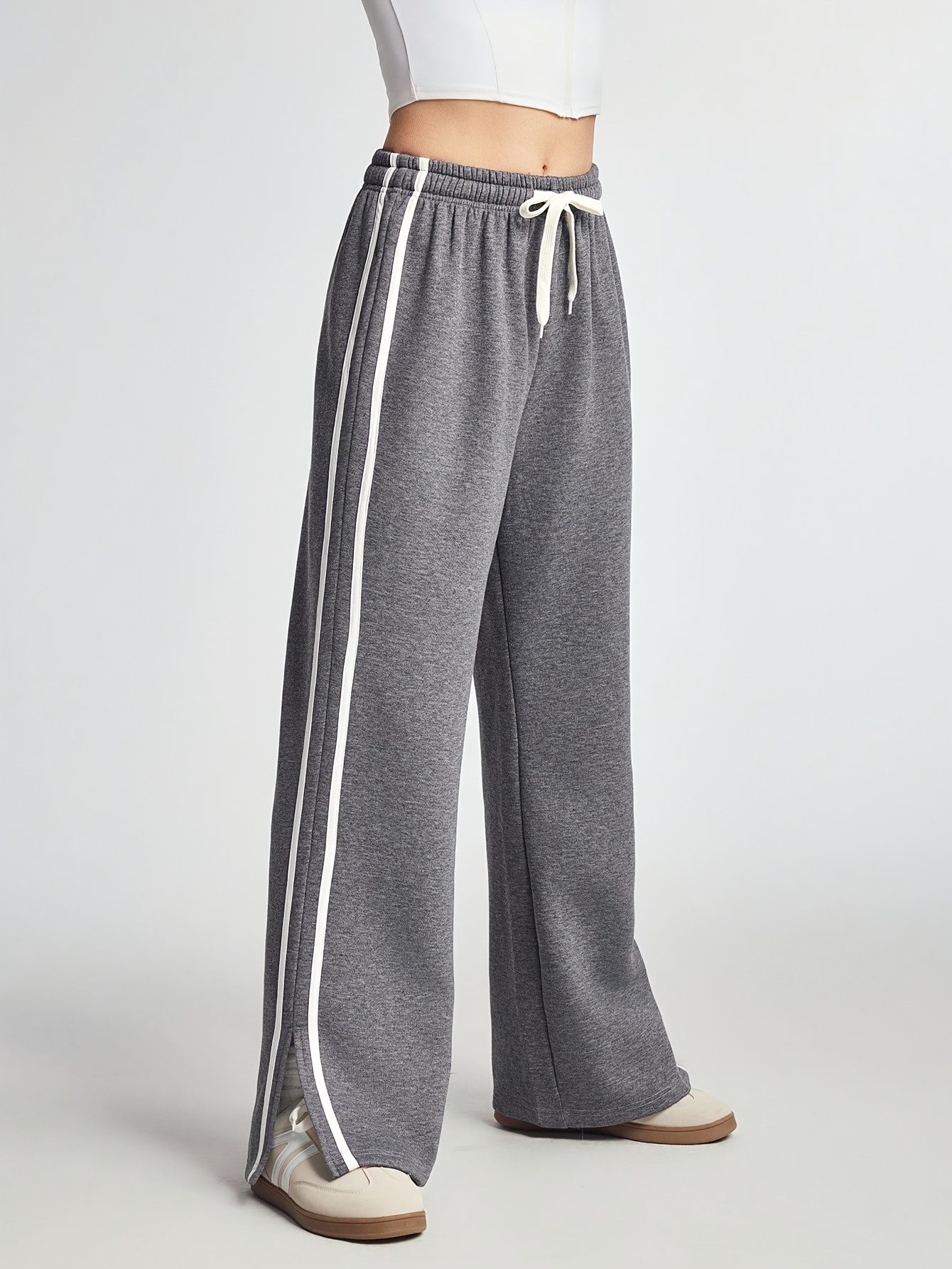 Women's Solid Color Spliced Front Lace-Up Sweatpants - Soft Stretchy Athletic Pants with Slit Hem & Slit Hem Design, Sui