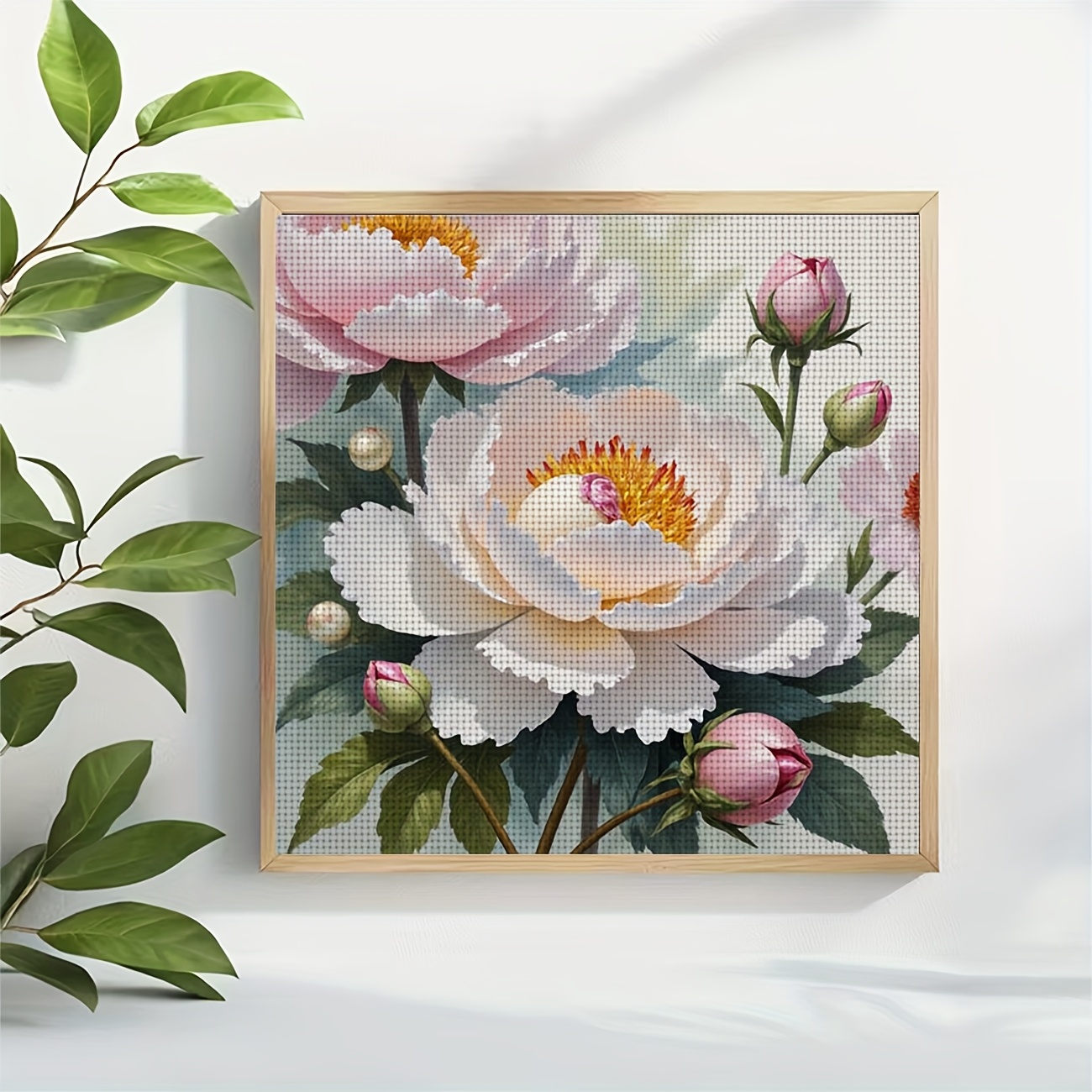 Printed Cross Stitch Kit, Blooming Peony Pattern for Beginners