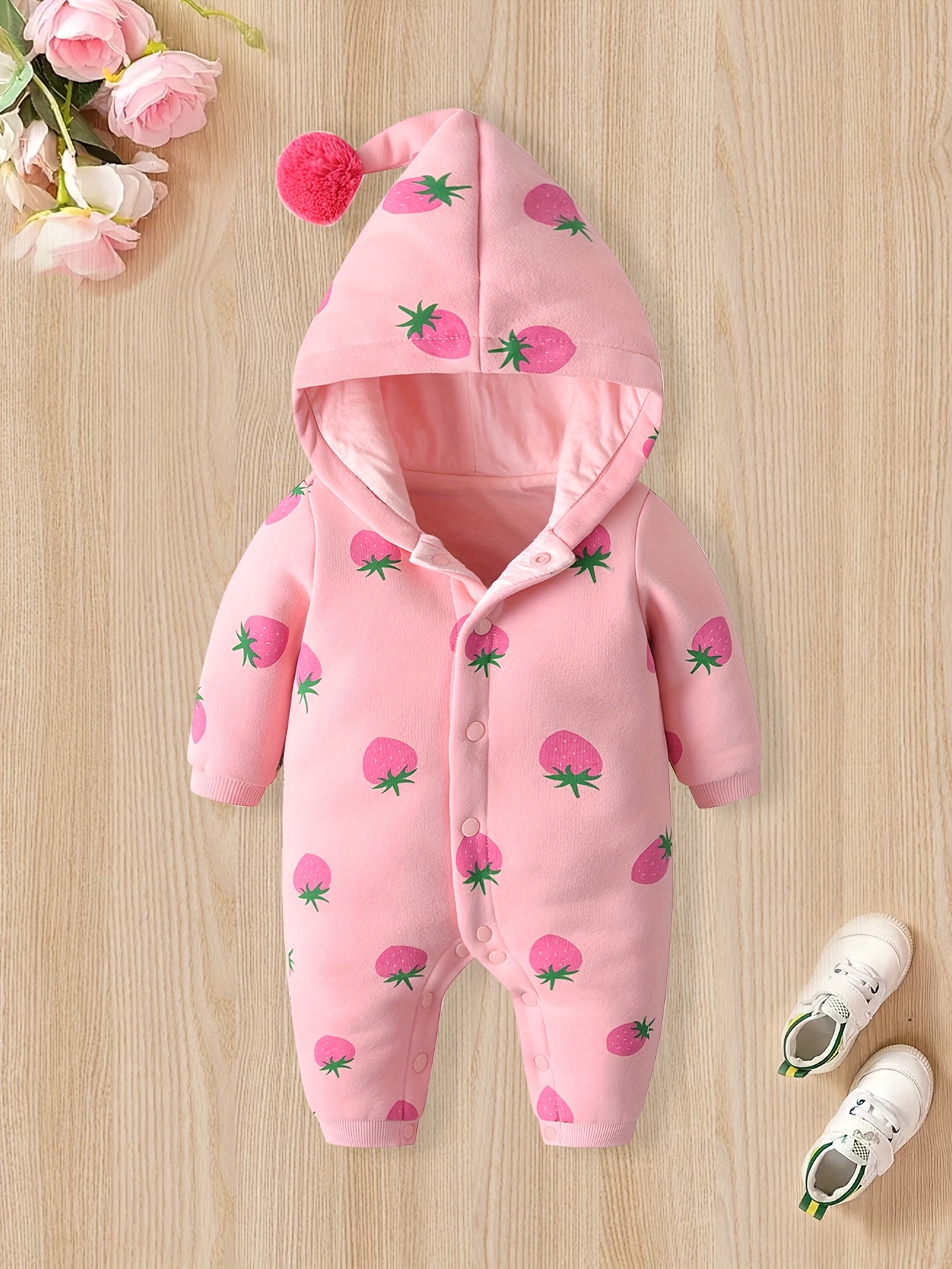 adorable strawberry print hooded romper baby girls cotton Temu