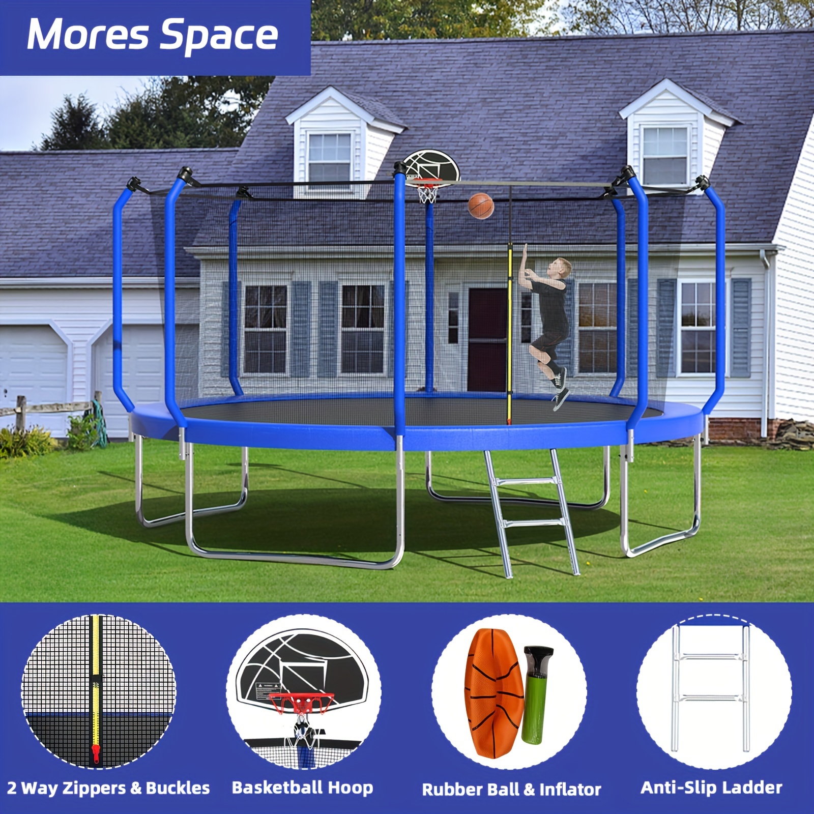 

12ft Blue Trampoline With Reinforced Curved Poles, The Outdoor Trampoline With Enclosure Net And Ladder, Basketball And Basketball Hoop.