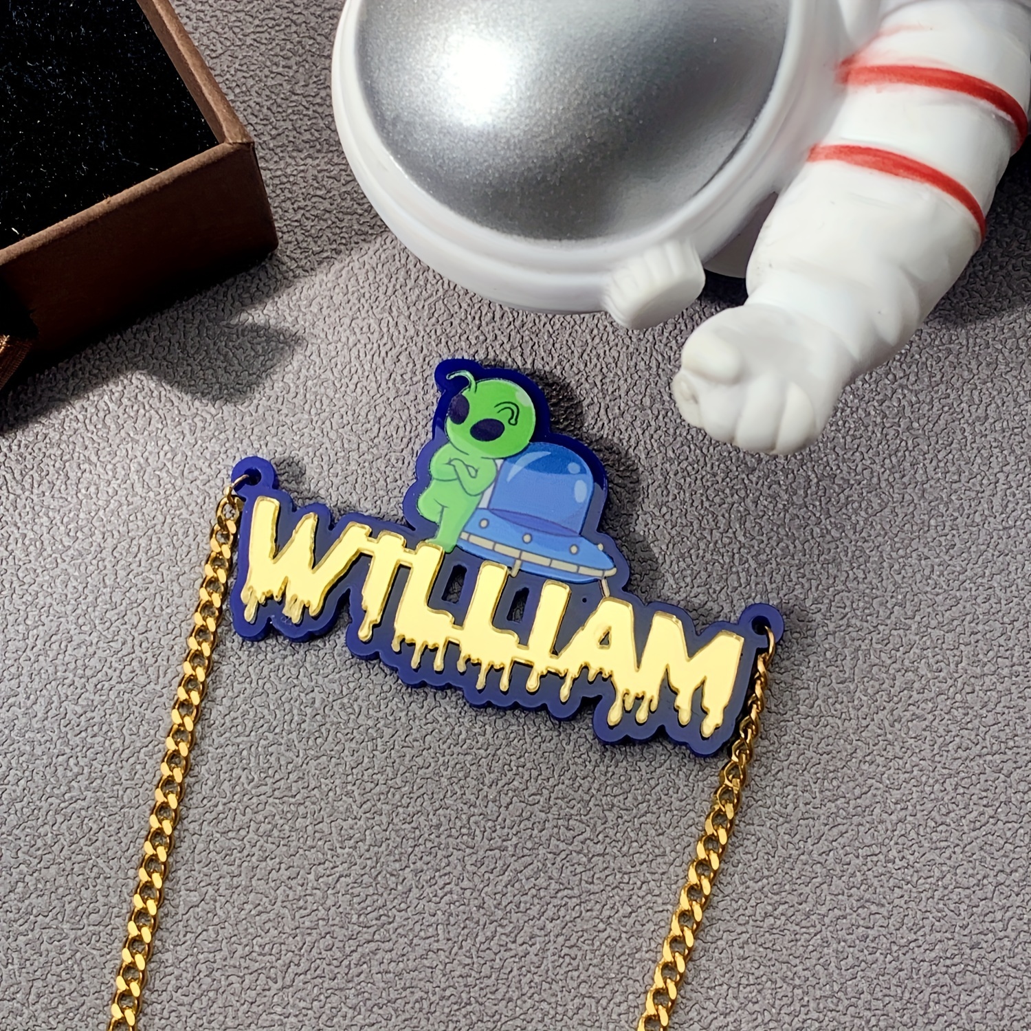 

Vintage Cute Personalized "william" Acrylic Pendant Necklace With Alien And Ufo Design - No Plating, Charm Necklace For Halloween, Gifts, And Vacation - All Seasons Accessory