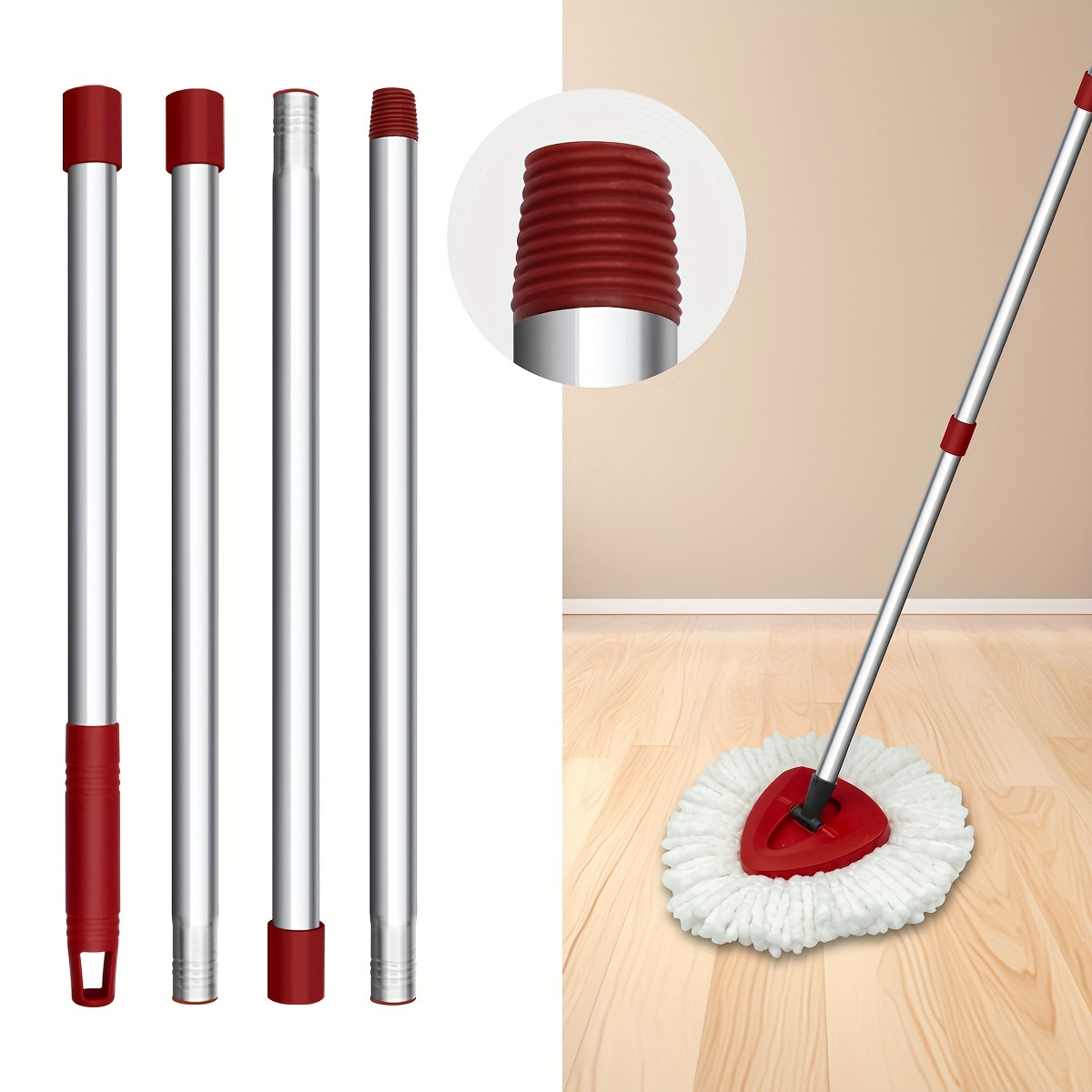 

1pc Stainless Steel And Plastic Mop Replacement Pole, Compatible With , 4 Section Threaded Handle, High Quality Durable Cleaning Tool Accessories For Home And Professional Use