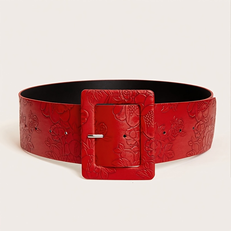 E-shop Vintage Roter Geprägter Breiter Gürtel für Frauen, Verstellbar 27.5"-40" Taillengürtel, Ideal für Kleider & Mäntel, Von Lässig bis Formell,