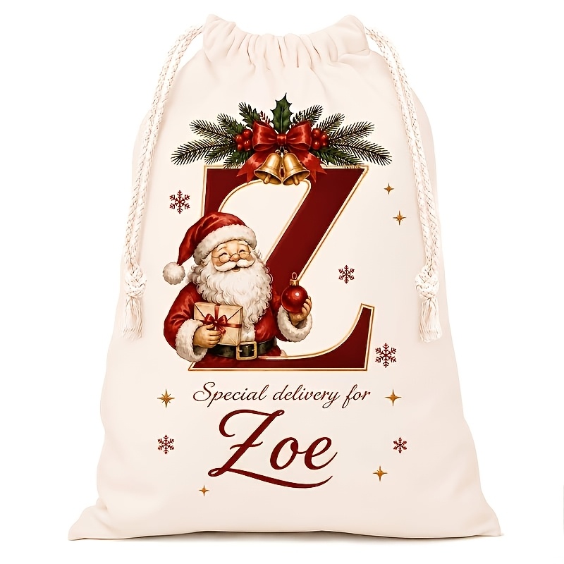 TEMU Personalized Christmas Gift Sack, Custom Name And A-z Initial Canvas Drawstring Bag, Holiday Reusable Gift Bag For Christmas Party And Gift