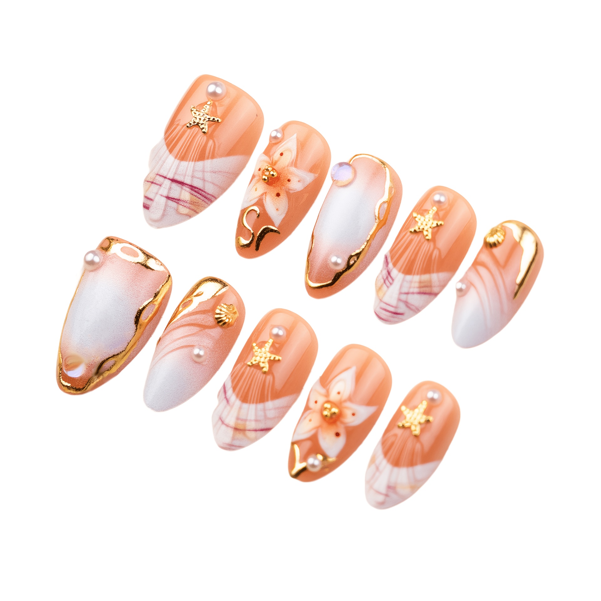 TEMU 10 Stk. DANArtlux Mandelförmige Press-On-Nägel für Damen, Mittellange French-Tip-Künstliche Nägel mit 3D-Blumen-Muschel-Design, Glänzende,