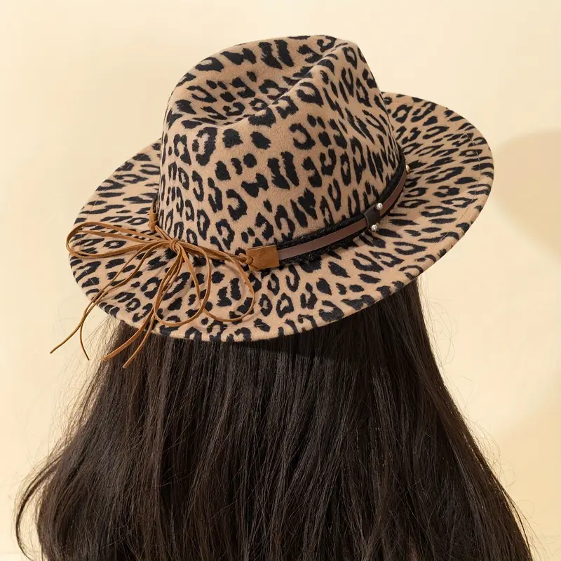 unisex leopard print hat with detachable bull head brown faux leather rivet detail vintage fashion flat brim felt hat all season accessory ideal for daily outings outdoor leisure sun protection festive gifts party fashion details 2