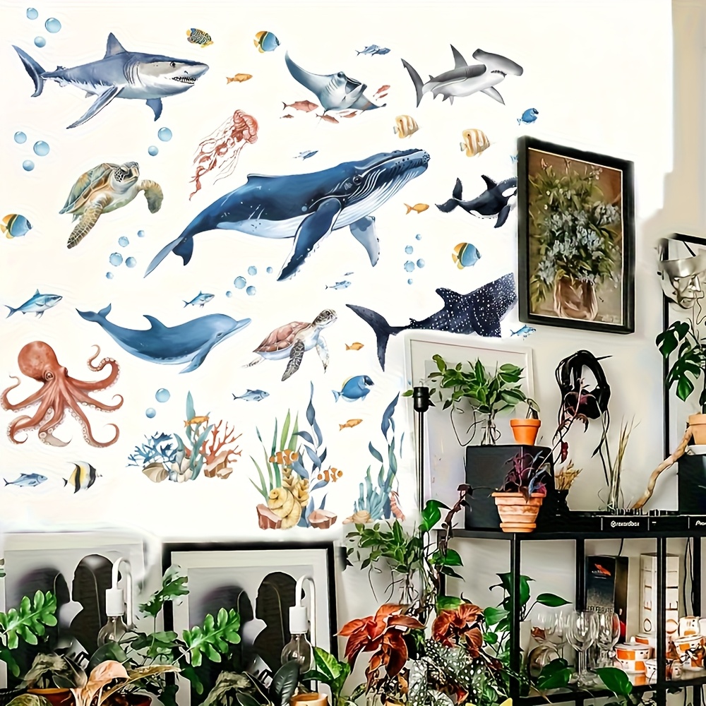 Image of 1 Set Of Underwater Whale Turtle Wall Stickers, Marine Animal Seaweed Wall Stickers, Suitable For Restaurant Bathroom Bedroom Living Room Home Decorations