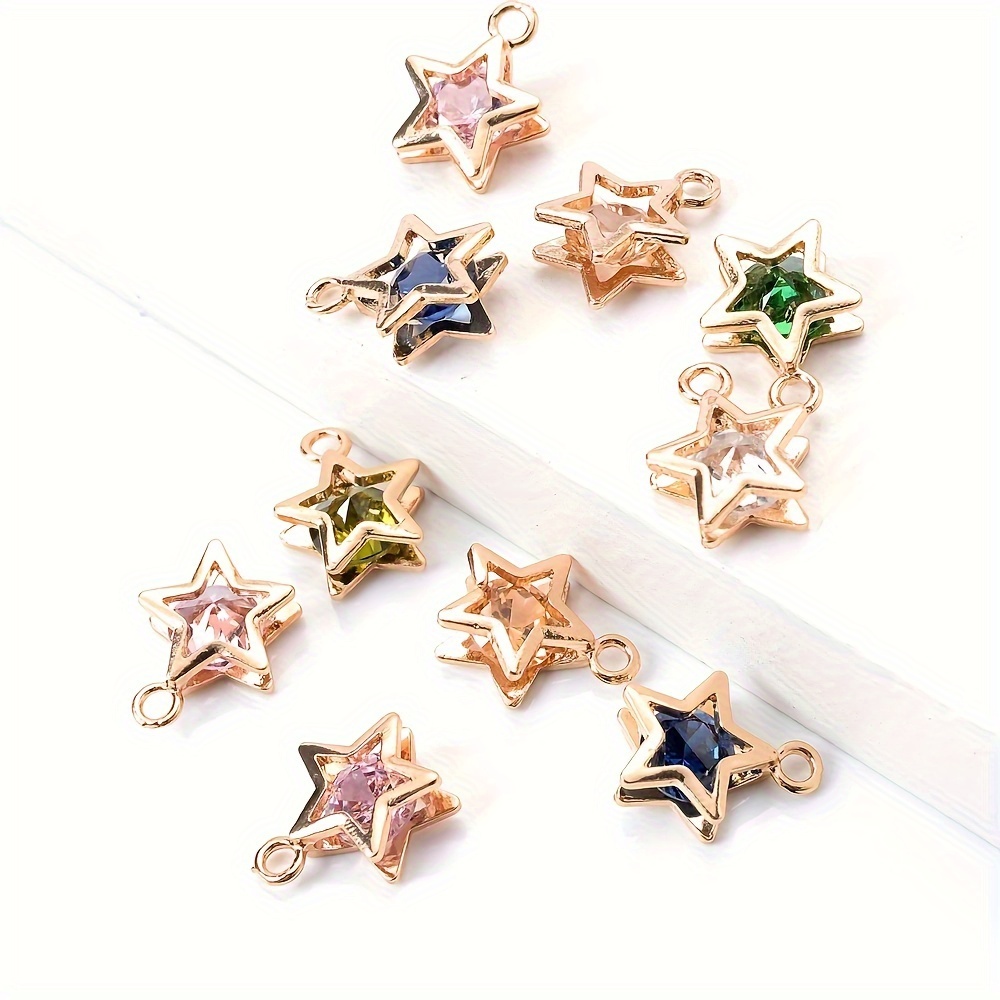 

10-piece Multicolor Star Charms With Birthstone Crystals, 12x15mm Double-sided Pendants For Diy Necklace, Bracelet & Earring Crafts