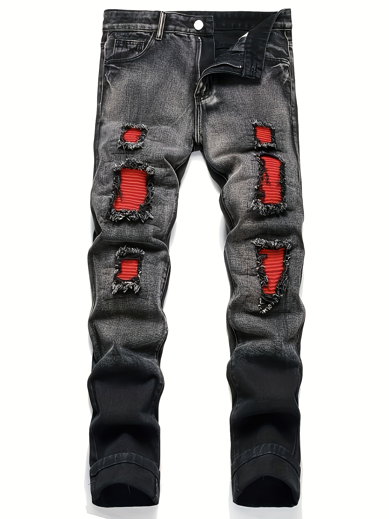 Patchwork Jeans Ripped Jeans With Red Patches Mens Knee Hole