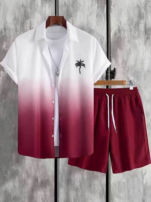 herren 2-teiliges set: kurzarmshirt im urlaubsstil mit palmen-farbverlauf-druck + shorts mit elastischem bund, für hawaiianischen strandurlaubsstil. neues lässiges t-shirt mit lockerer passform reverskragen, unverzichtbar für die tägliche frühlings- sommerkleidung