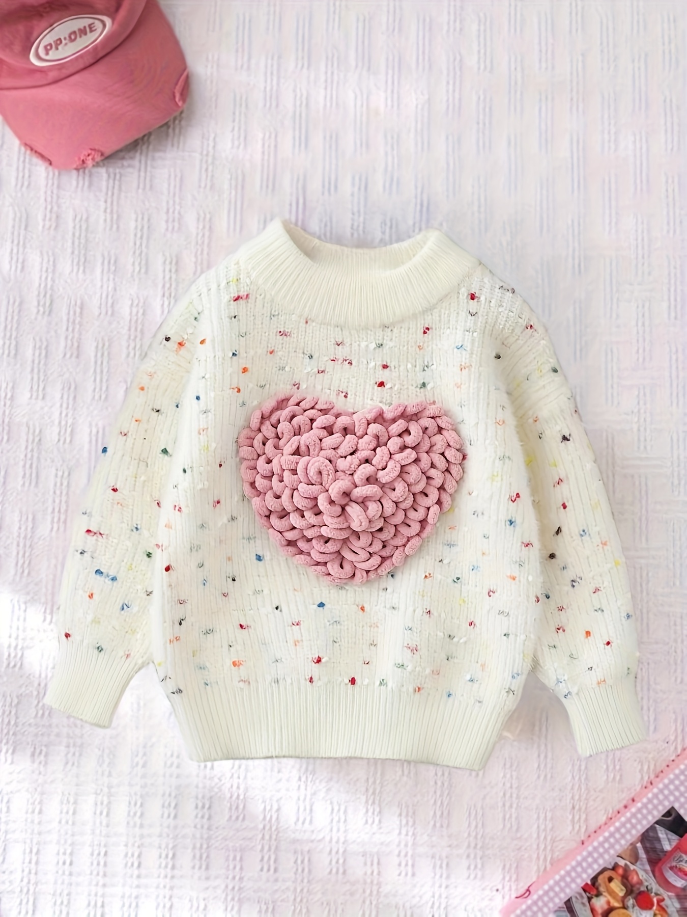 Girls' Knit Round Neck Heart Sweater for Fall and Spring