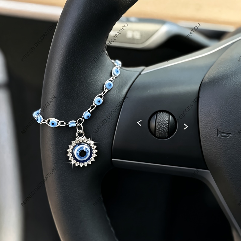 TEMU 1pc Pack, Evil Eye Car Steering Wheel Ornament With Delicate Chains And Rhinestone-encrusted Compact Pendants