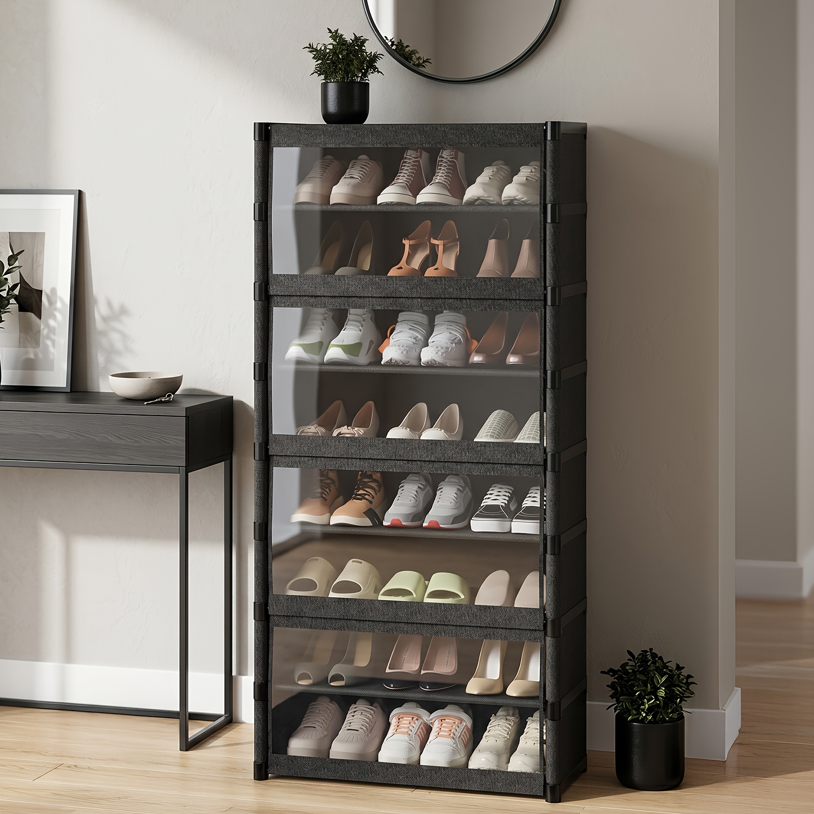 TEMU Étagère à chaussures de rangement multicouche, Armoire à chaussures -poussière avec porte, de rangement grande , Tissu non tissé durable, Cadre