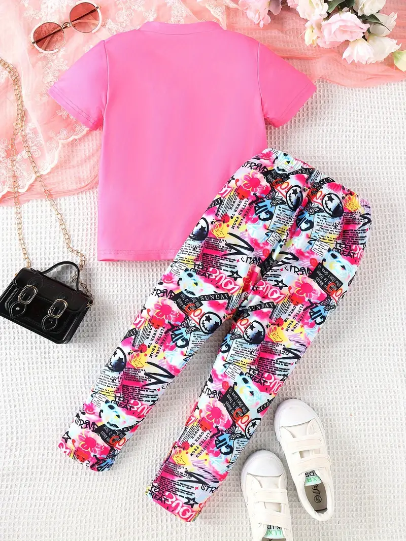 girls 2pcs cartoon portrait pattern short sleeve top full print pants set daily party summer outfit gift details 0