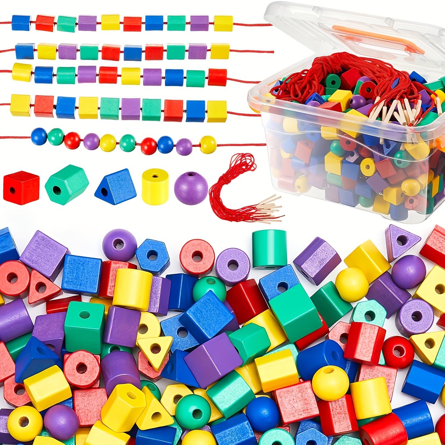 

Colorful And Shaped Montessori Beads Set For Preschoolers: Includes 100 Packages Of Threaded Beads, Lines, And Bags For Color And Shape Sorting