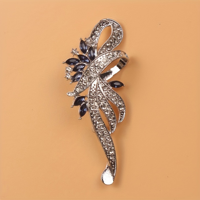 TEMU Stylish Floral Brooch For High-end Jewelry, Women's Jackets, Featuring A Blue Rhinestone Embellishment