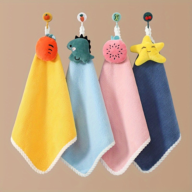 

4pcs Wiping Hand Cloth, Cute Cartoon Hangable Hand Towels, Super Absorbent Soft Coral Velvet Towels