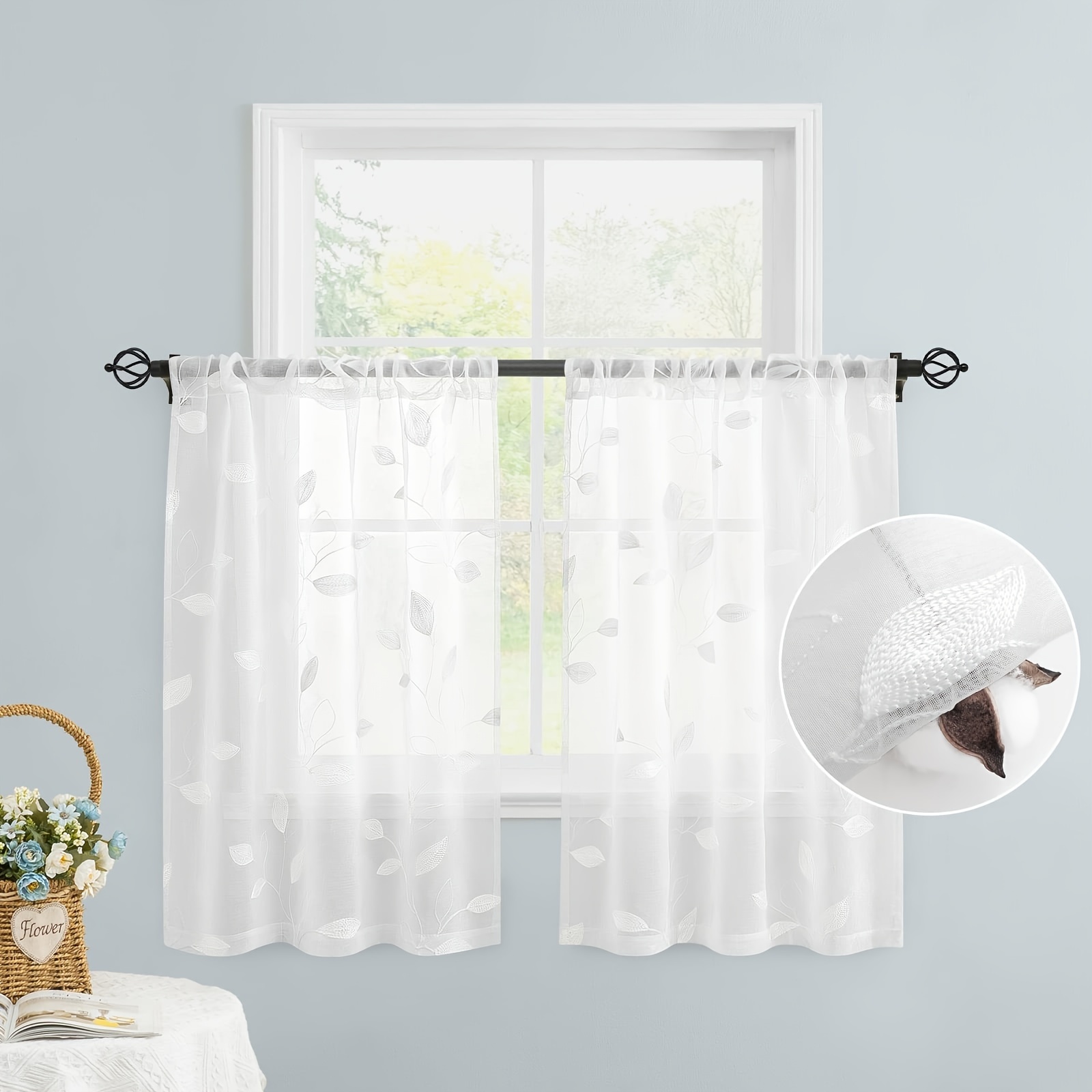 2 Panels Embroidery Sheer Curtains With Leaf Pattern, Rod Pocket Semi Sheer Window Curtains Kitchen Curtains Drapes For Bedroom Living Room