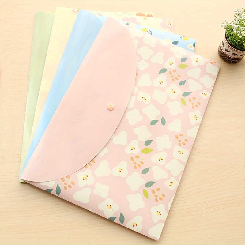 

4pcs Cute Floral A4 File Folders - Transparent Pvc Bags With Snap Closure, Pastel Colors & Flower Patterns For Students, Folders For School