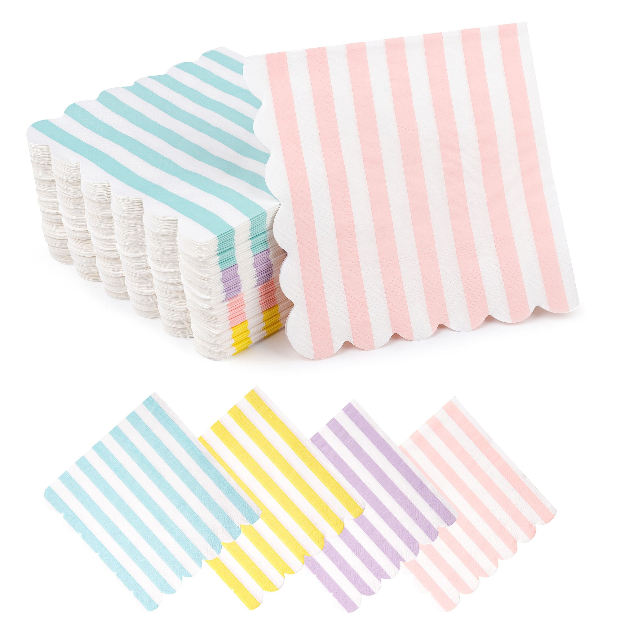TEMU 20pcs Colorful Stripe Napkins Cocktail Napkins With Scalloped Edges 5 X 5 Inches Dinner Napkins Disposable Thick Paper For Wedding Dinner